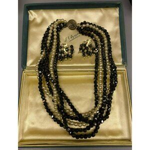 Vintage Castlecliff Black & Pearl Beaded Necklace & Clip-On Earrings Set 1935